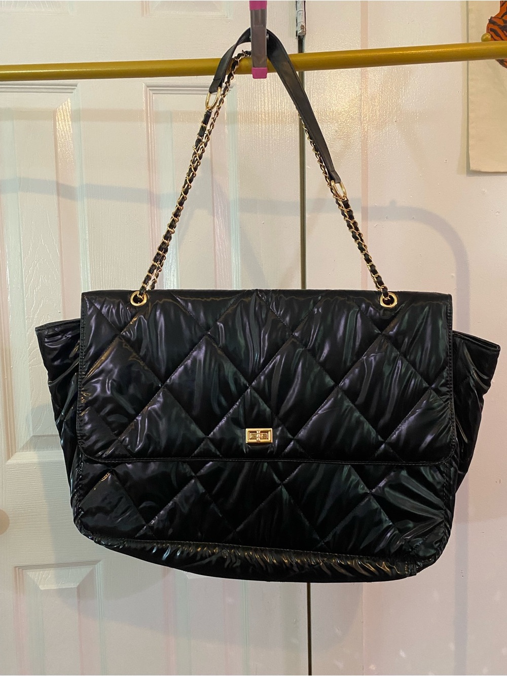 Boohoo Black Quilted Shoulder Bag with Gold Chain Detail